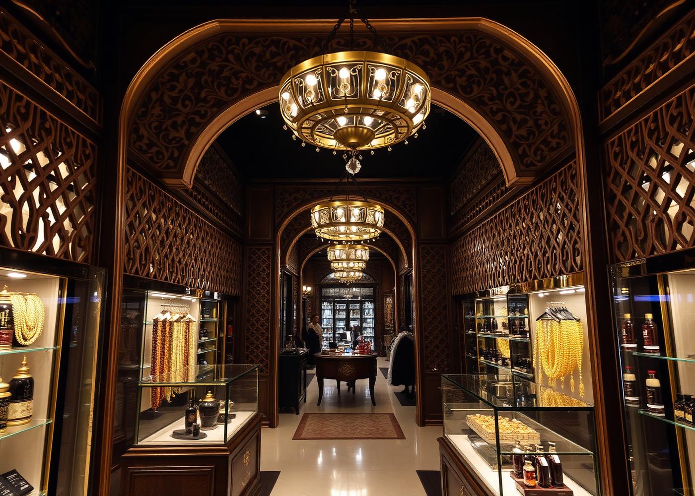 Interior of the Khan Murjan amber and oud boutique with mashrabiya latticework